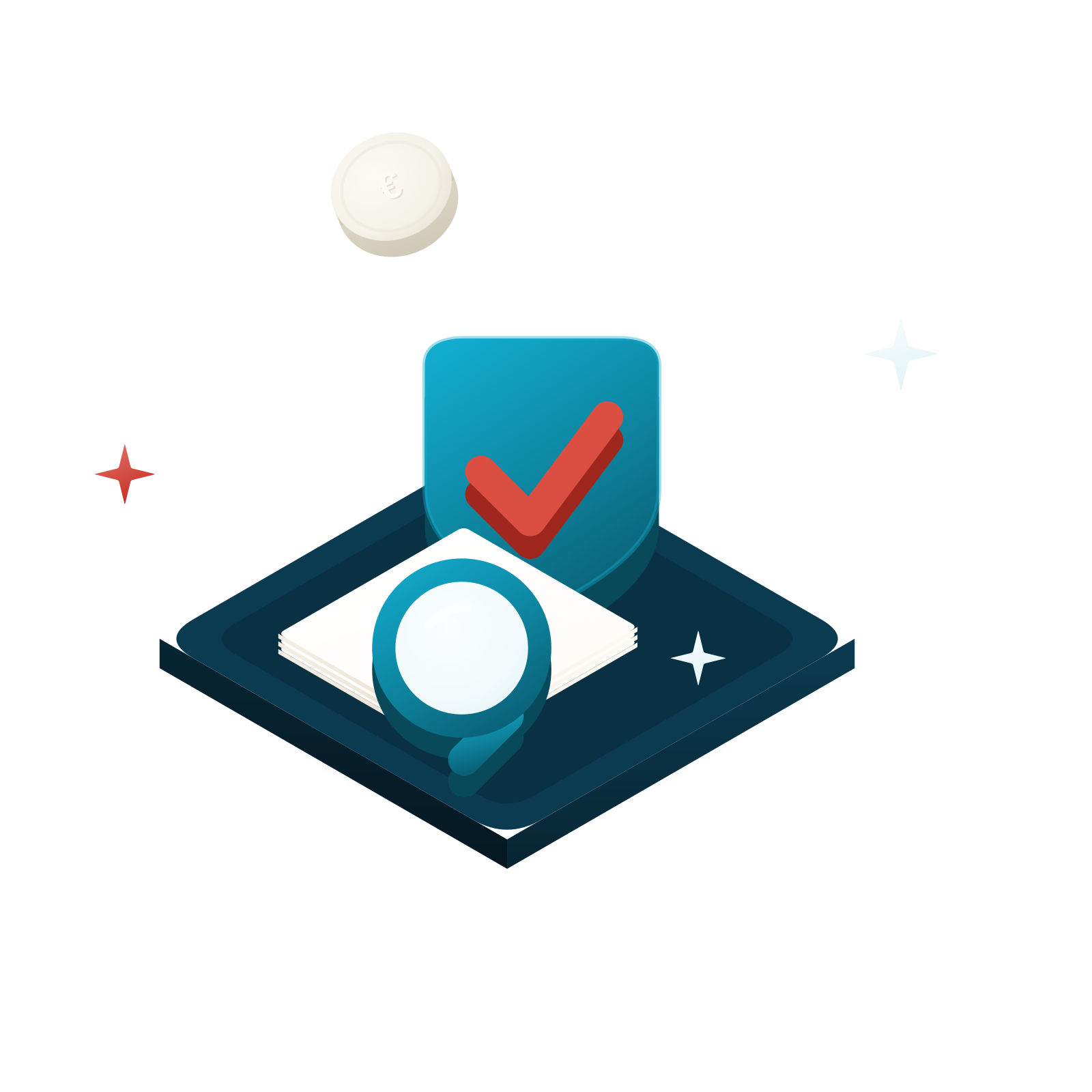 Isometric 3D illustration: a document under a magnifying glass with a teal shield carrying a vermilion check mark