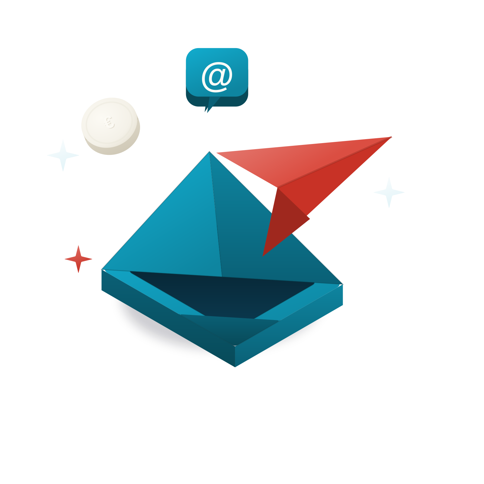 Isometric 3D illustration: an open teal envelope with a vermilion paper plane and a speech chip