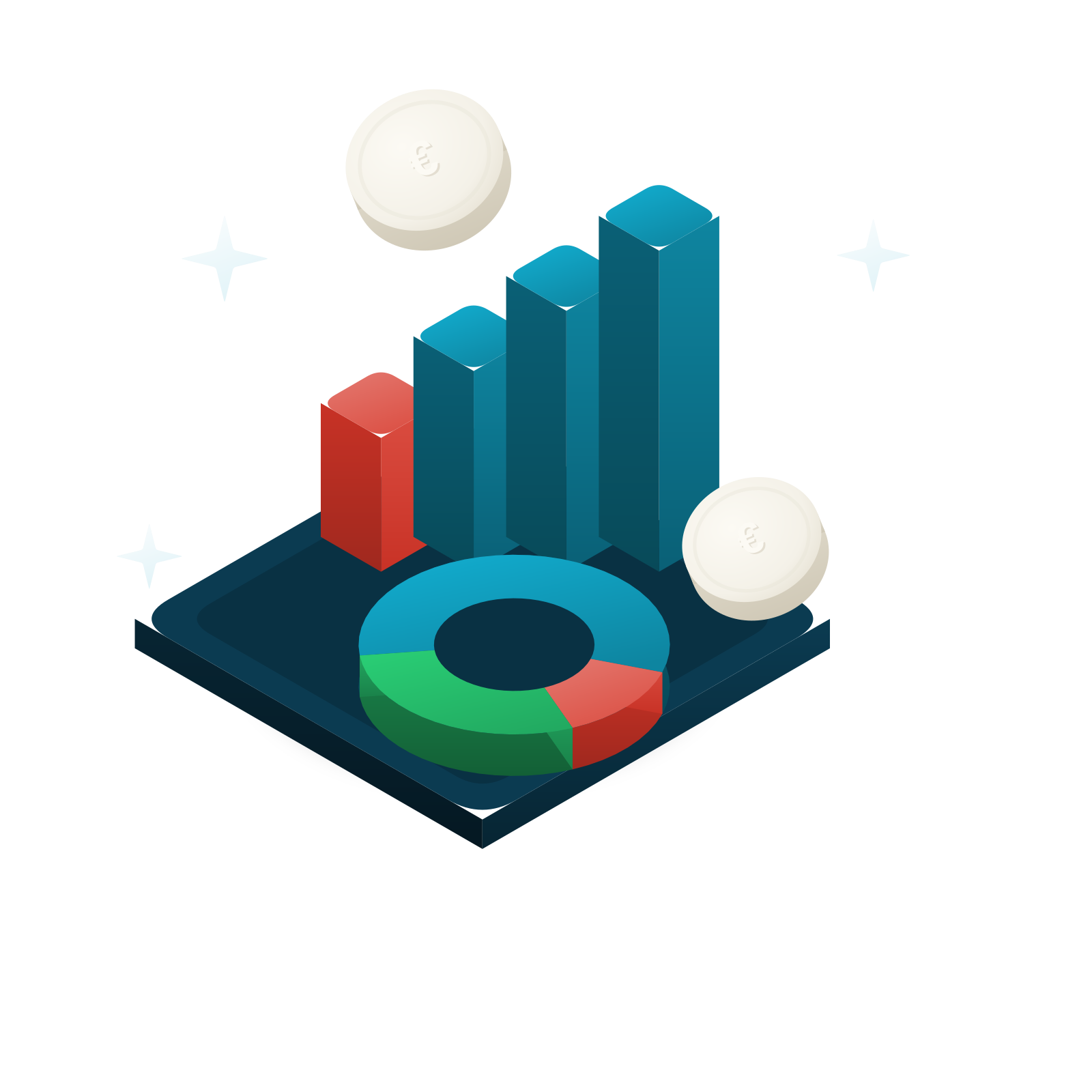 Isometric 3D illustration: a rising bar chart and a ring chart with limestone-silver “€” coins on a harbour-teal slab